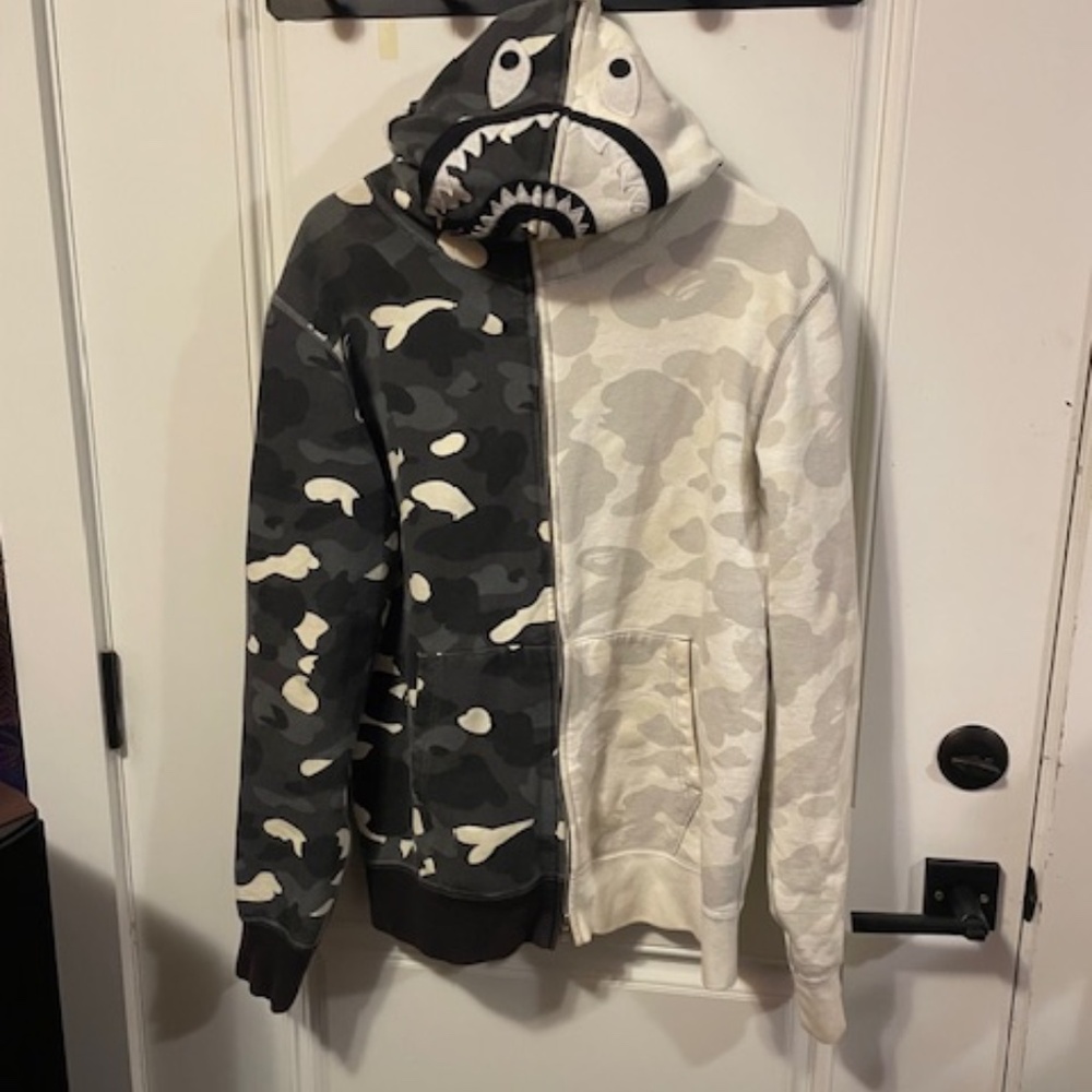 Bape Shark Half-Camo Zip-Up Hoodie in Black & White